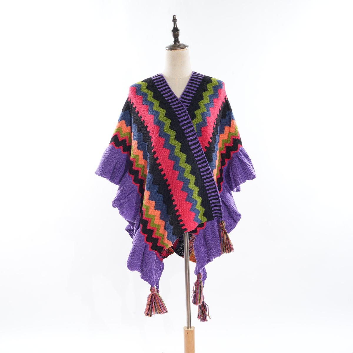 The 2023 autumn/winter new Bohemian ethnic style rainbow striped outerwear shawl fashionable women's cape with black ear trim Specification image