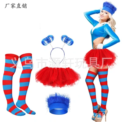 Christmas red and blue striped socks blue wig head head hoops wig red tulle skirt TUTU tulle skirt suit thumbnail