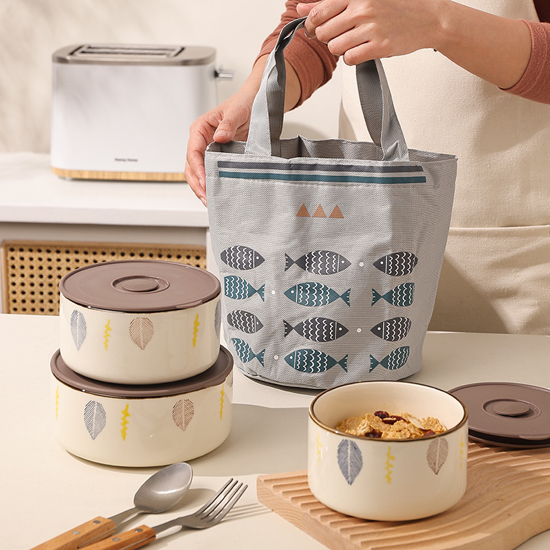 7Bd Ceramic Fresh-Keeping Bowl With Lid Sealed Three-Piece Vegetable Salad Bento Box Microwave Lunch Box Round Instant Noodles Application Scenario