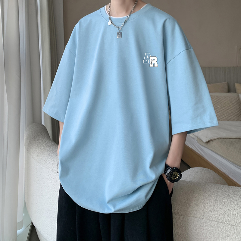 Hong Kong style 230g heavy-duty short-sleeved T-shirt for men, large half-sleeved and half-cut sleeves, versatile for men, loose printed ins round neck Specification image