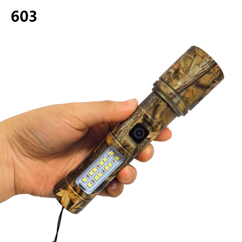 Cross-Border New Strong Light Zoom White Laser Flashlight Charging Portable Outdoor Lighting Warning Work Light Camouflage Application Scenario
