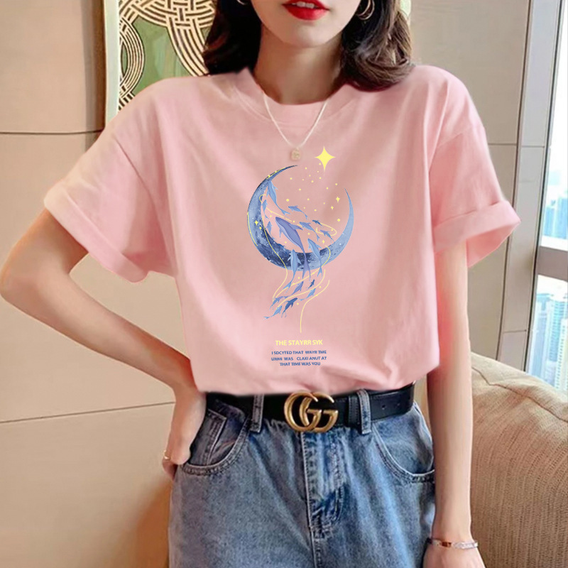 Wholesale of new, beautiful and stylish summer T-shirts with pure cotton round-neck printed designs and straight shoulders for women Application Scenario