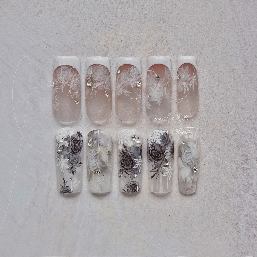 tomoni thin and tough black and white rose nail stickers, must-have collaboration edition, high-end Japanese nail stickers with adhesive backing Specification image