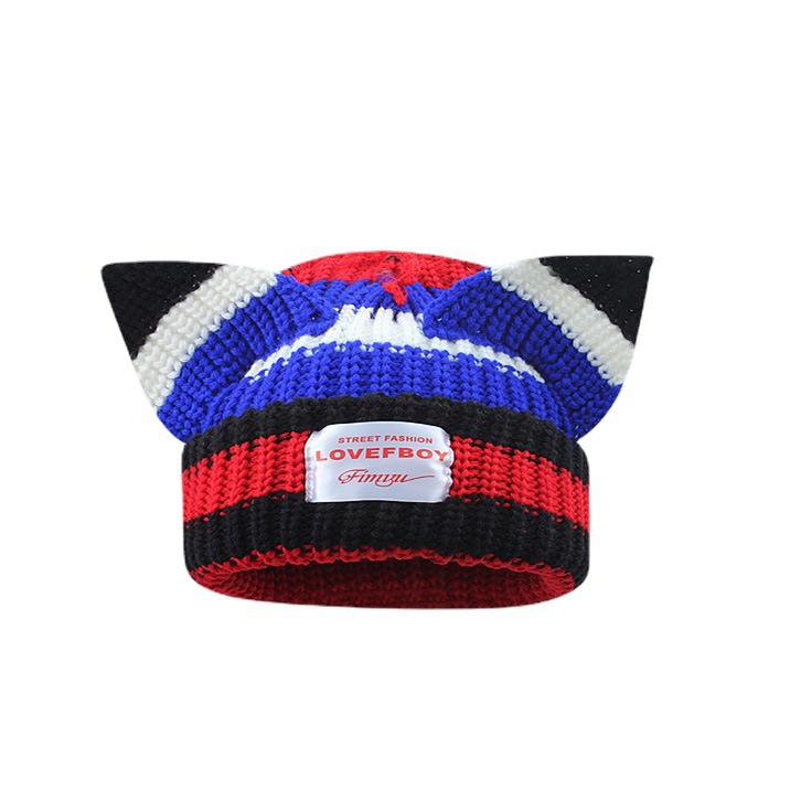 Autumn And Winter Color Contrast Cute Cat Ears Woolen Hat Children Thickened Warm Knit Hat Ear Heaps Heaps Hat Item Picture