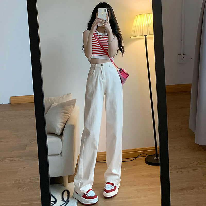 Zhao Rusi The Same White High Waist Wide Leg Jeans Female Small Spring Summer Loose Straight Tube Narrow Version Mopping Pants details Picture