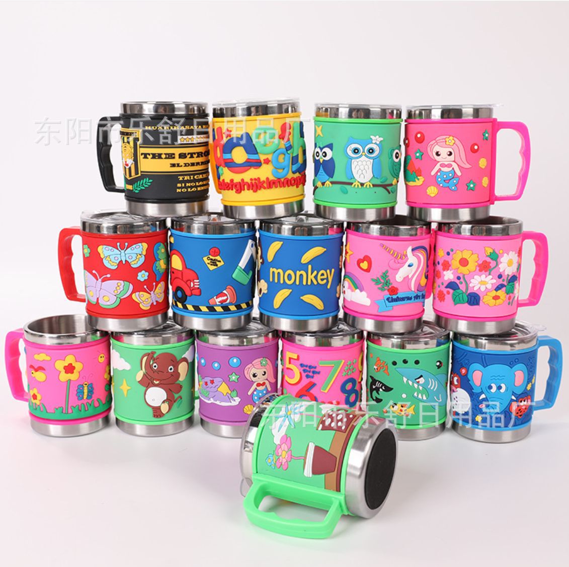 不锈钢杯带盖马克杯茶杯精美可爱卡通图案软胶杯皮儿童水杯