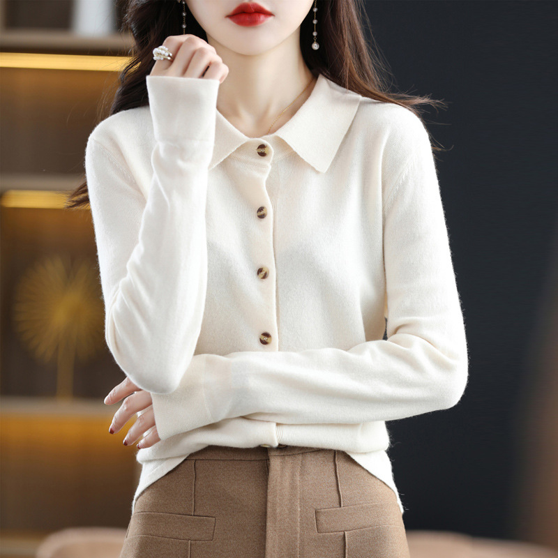 Autumn and winter POLO collar shirt for women, paired with loose long-sleeved sweater and non-cashmere lapel knitted cardigan jacket details Picture