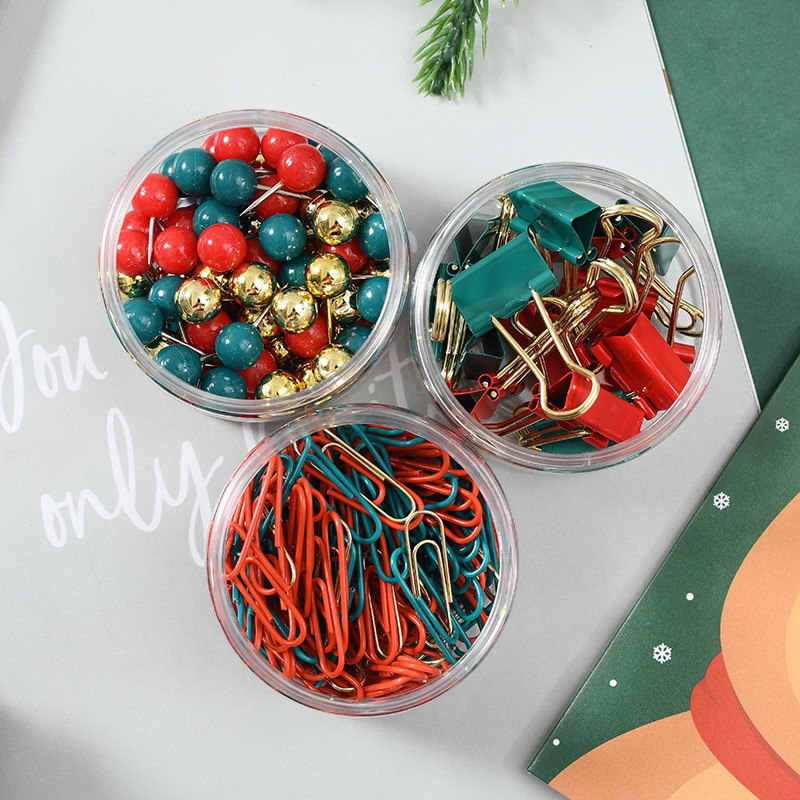 Cross-border Christmas paperclip creative round bucket red and green long-tail clip cultural and creative binding gift, golden Earth nail display box Specification image