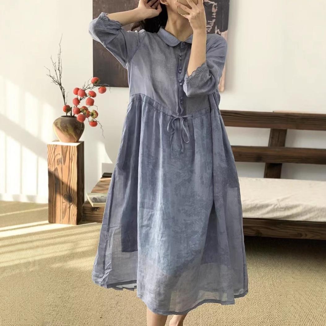 The 2025 summer new style of artistic and retro solid jacquard round-neck long dress, fashionable slanted lapel and cinched waist ramie women's dress full figure