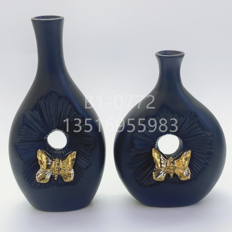 现代简约ins风哑光黑金色蝴蝶叶纹花瓶 创意陶瓷花瓶几何花插花器金堡花瓶
