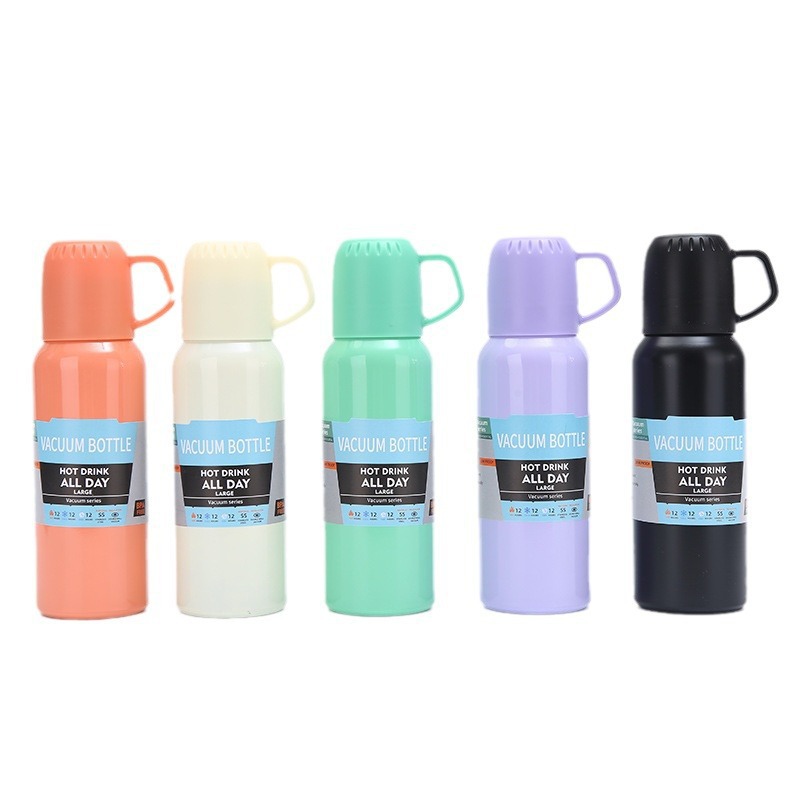 批发新款马卡龙色一杯三盖水杯不锈钢真空保温杯高档商务礼品套杯白底实物图