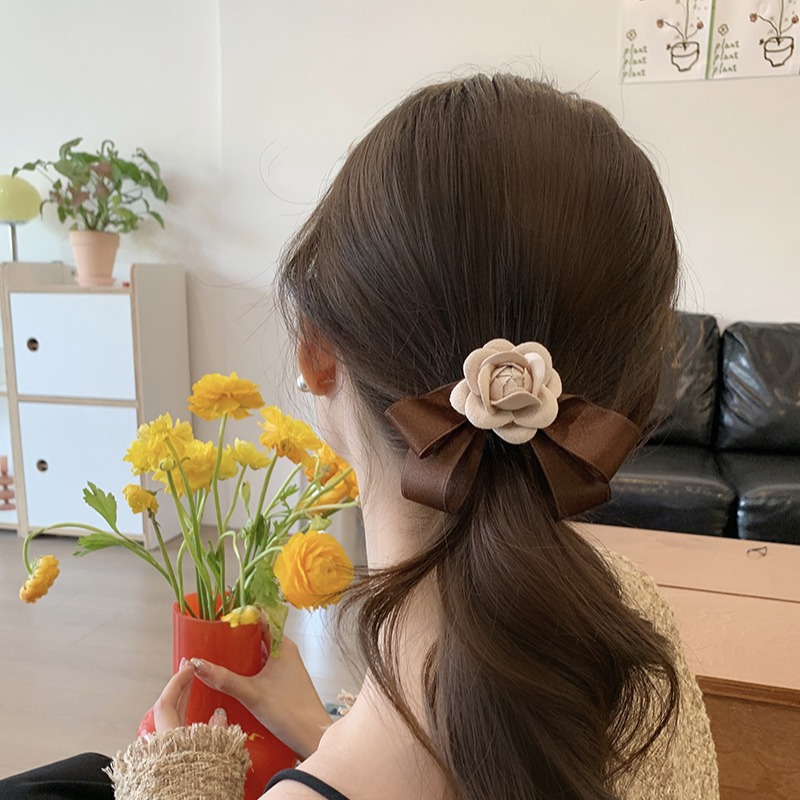 Autumn And Winter New Sweet And Gentle Camellia Flower Bow Hair Clip Small Fragrance Wind Back Head Top Clip Hair Accessories Woman Specification drawing