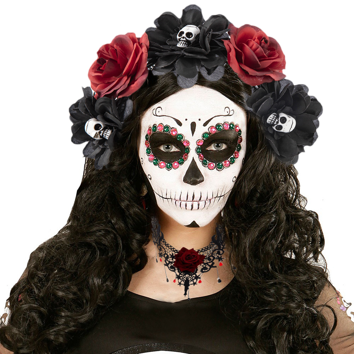 Cross-border best-selling Halloween funny headband necklace set, rose headband, female skull hair accessory, horror props Item Picture