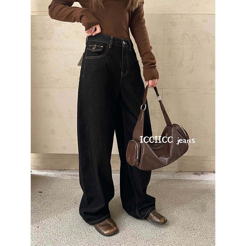 ICC Women's Wear "Curved Blade God Pants" flocked black and gold jeans with three-dimensional cut wide-leg banana pants for women 00262 details Picture