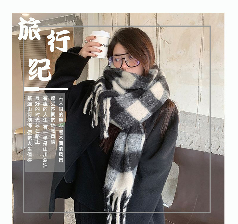 欧美爆款黑米格子围巾女甜美围脖冬季加厚保暖流苏情侣披肩百搭详情1
