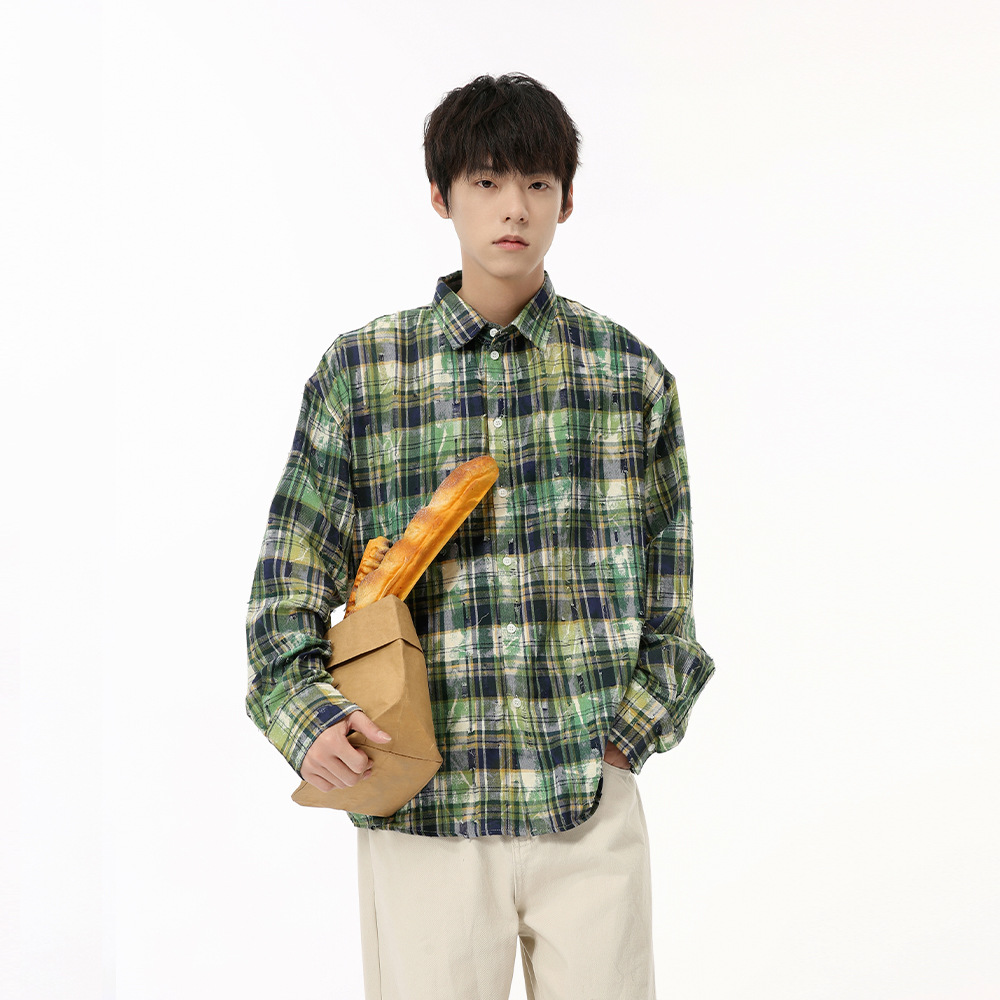 MTLCLOTHES men's Wear: New Autumn 2024 collection - a niche Japanese-style checkered and color-blocking casual loose shirt Specification image