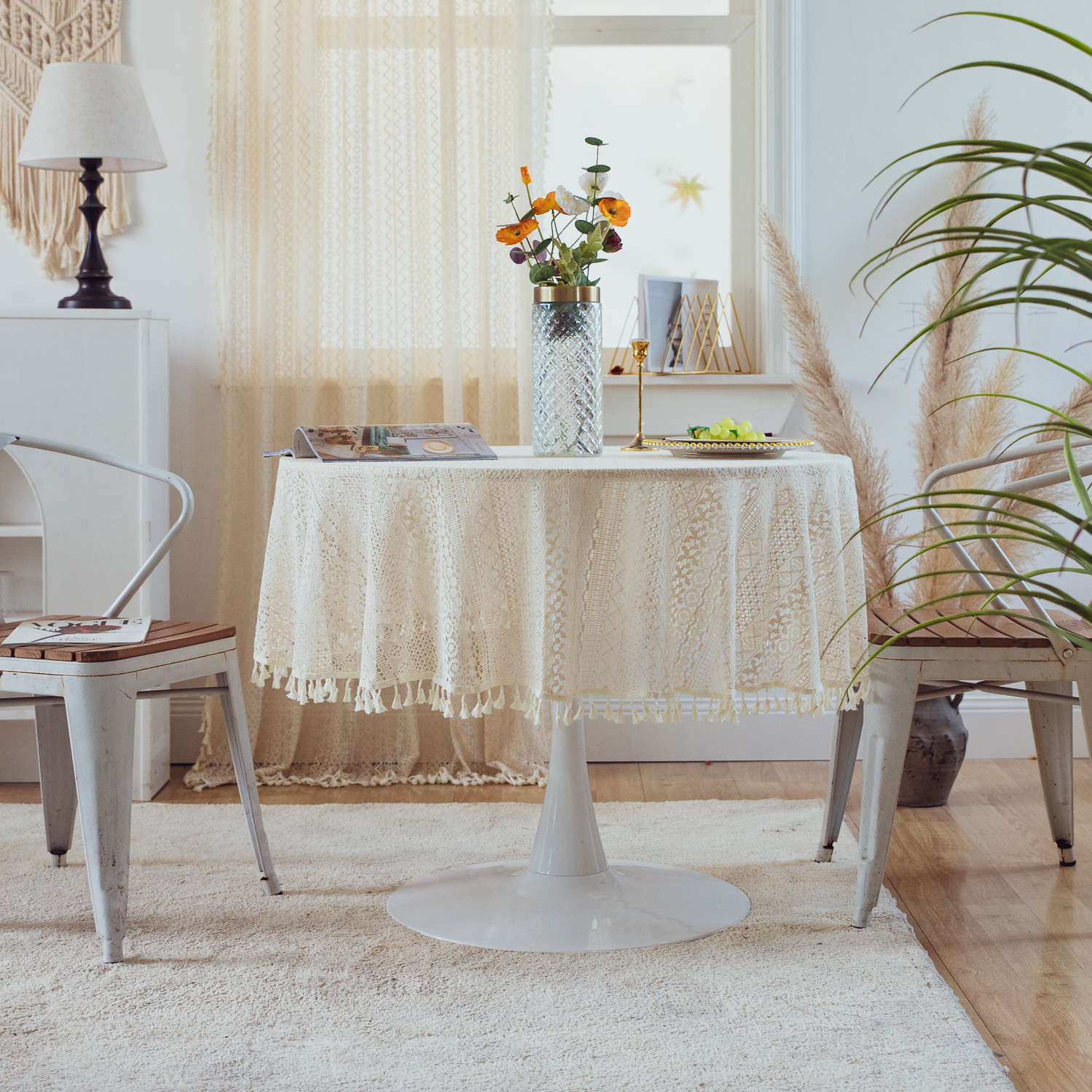 National trend retro hollowed-out lace cover fabric, ins style rectangular white country tablecloth, round table and small round tablecloth Specification image