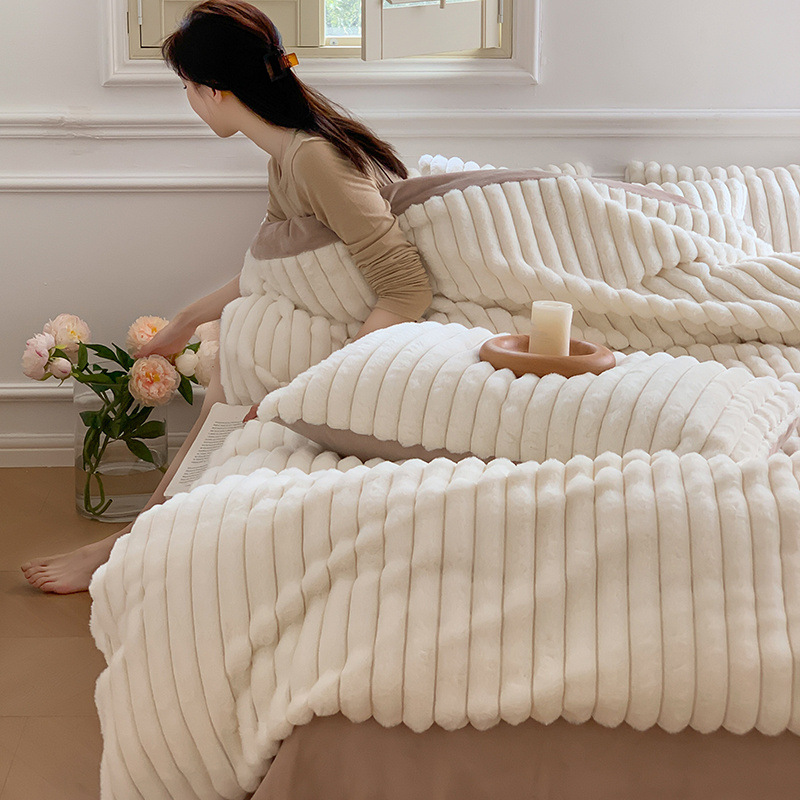 Winter thickened rabbit fleece four-piece set warm milk fleece high-end bedding Coral fleece bed sheets and duvet covers
