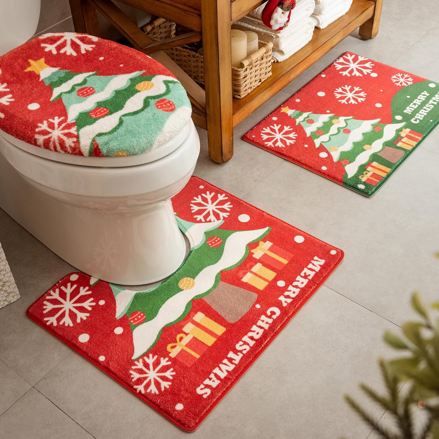 Wholesale of cross-border Amazon Temu Christmas decorative floor MATS, bathroom three-piece set, water-absorbing, quick-drying and anti-slip foot MATS
