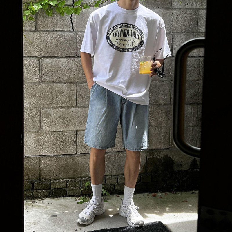 MYQ retro printed short-sleeved T-shirt for men, summer loose round-neck half-sleeved Korean-style commuting style, cool and stylish pure cotton top Specification image
