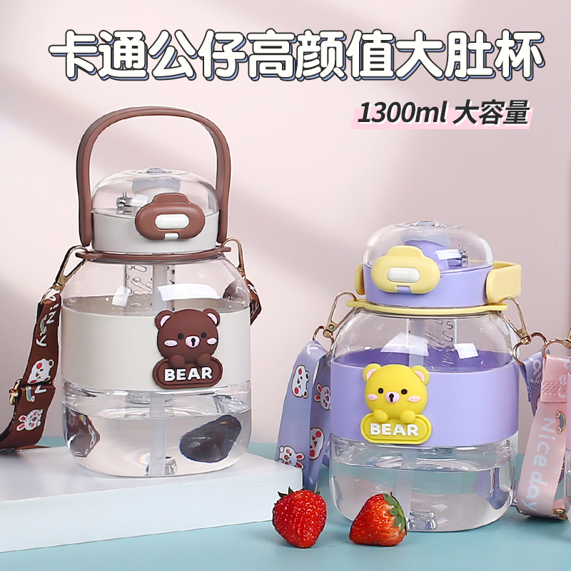 Cartoon dolls, cute plastic water cups, summer children's big-bellied cups, straw cups, outdoor sports water bottles, ton-ton buckets, summer