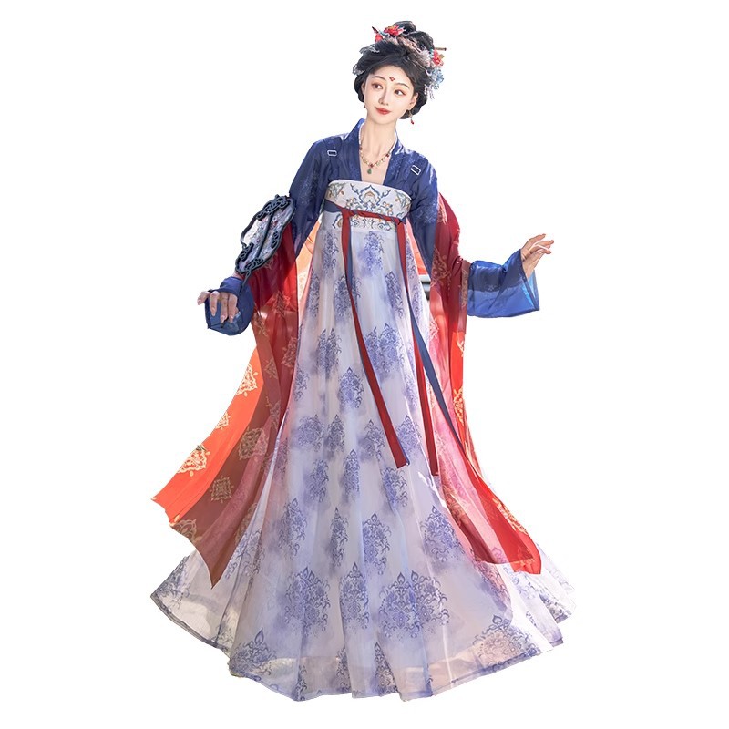 Original Tang-style Hanfu of Chinese trend [Never too Late] Tang-style restored chest-length blouse and skirt with Chinese style embroidery spring and summer blue and white porcelain Item Picture