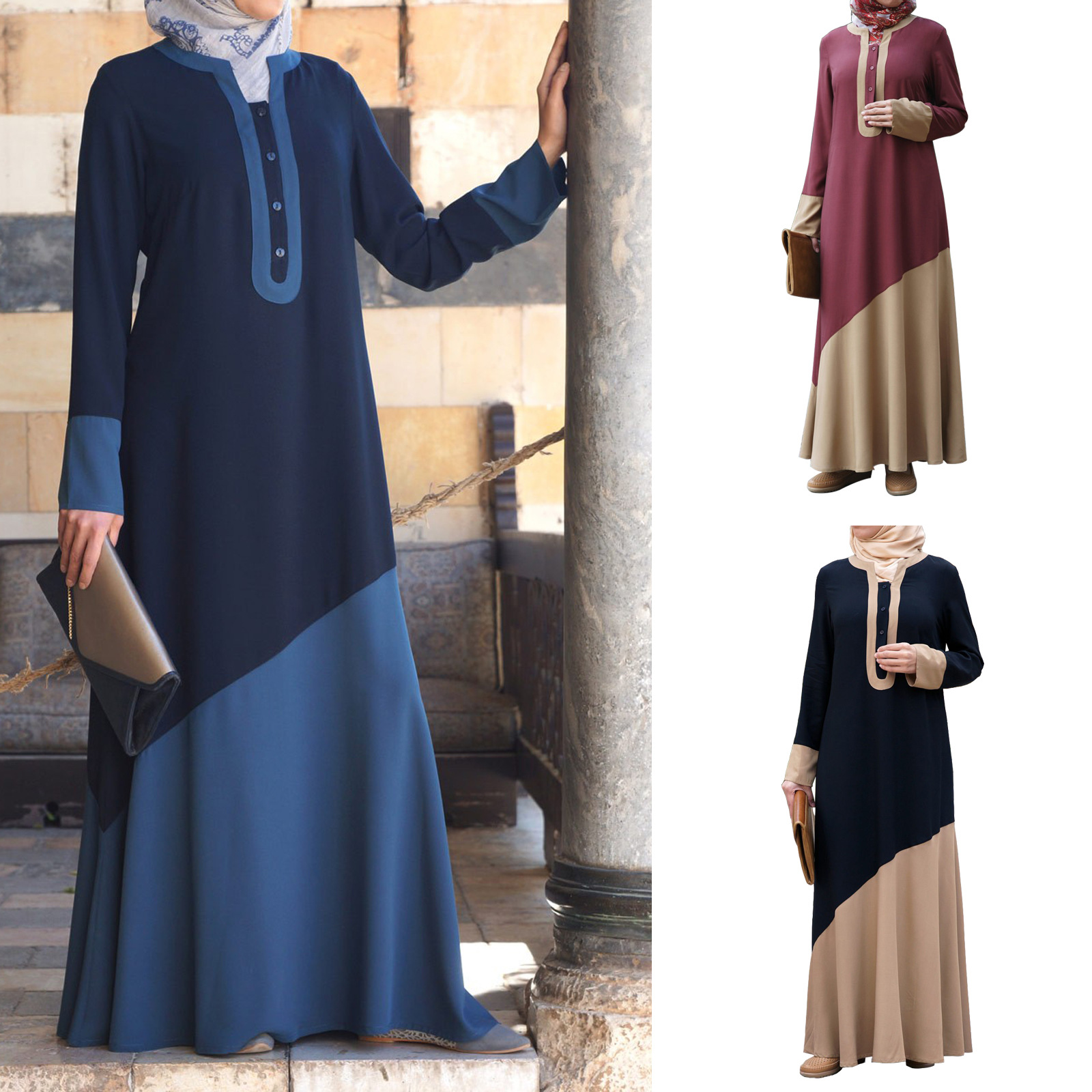 亚马逊速卖通中东迪拜阿拉伯女装 拼色长袖单排扣套头长裙Abaya图