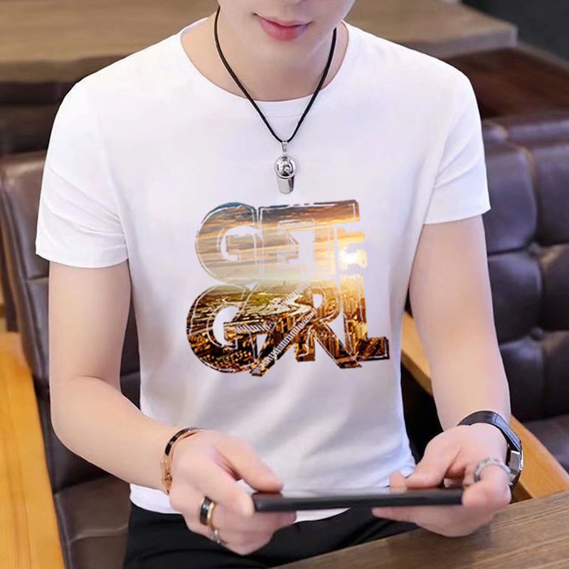 Summer short-sleeved T-shirt for men, figure-hugging letter-printed top, trendy and casual round-neck T-shirt for young People's Daily wear Application Scenario