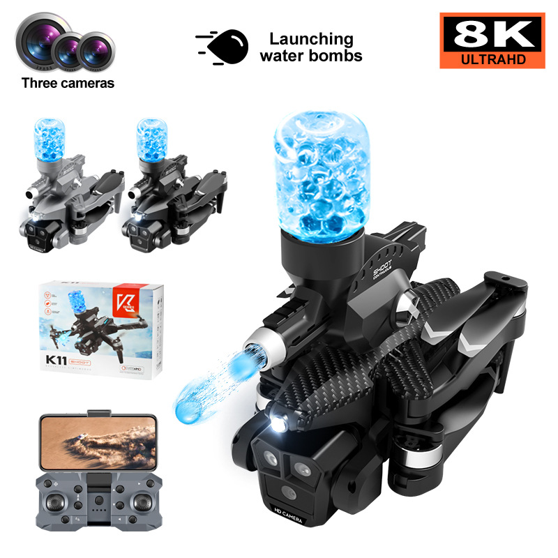 The K11Max Drone, an optical flow triple-camera quadcopter with a brushless motor, is a remote-controlled aircraft that launches water bombs Item Picture