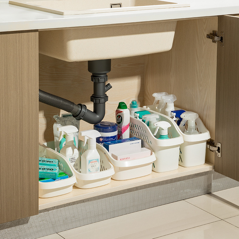 Japanese Cabinet Storage Box Under The Kitchen Sink Clutter Storage Basket Removable With Pulley Storage Basket Plastic details Picture
