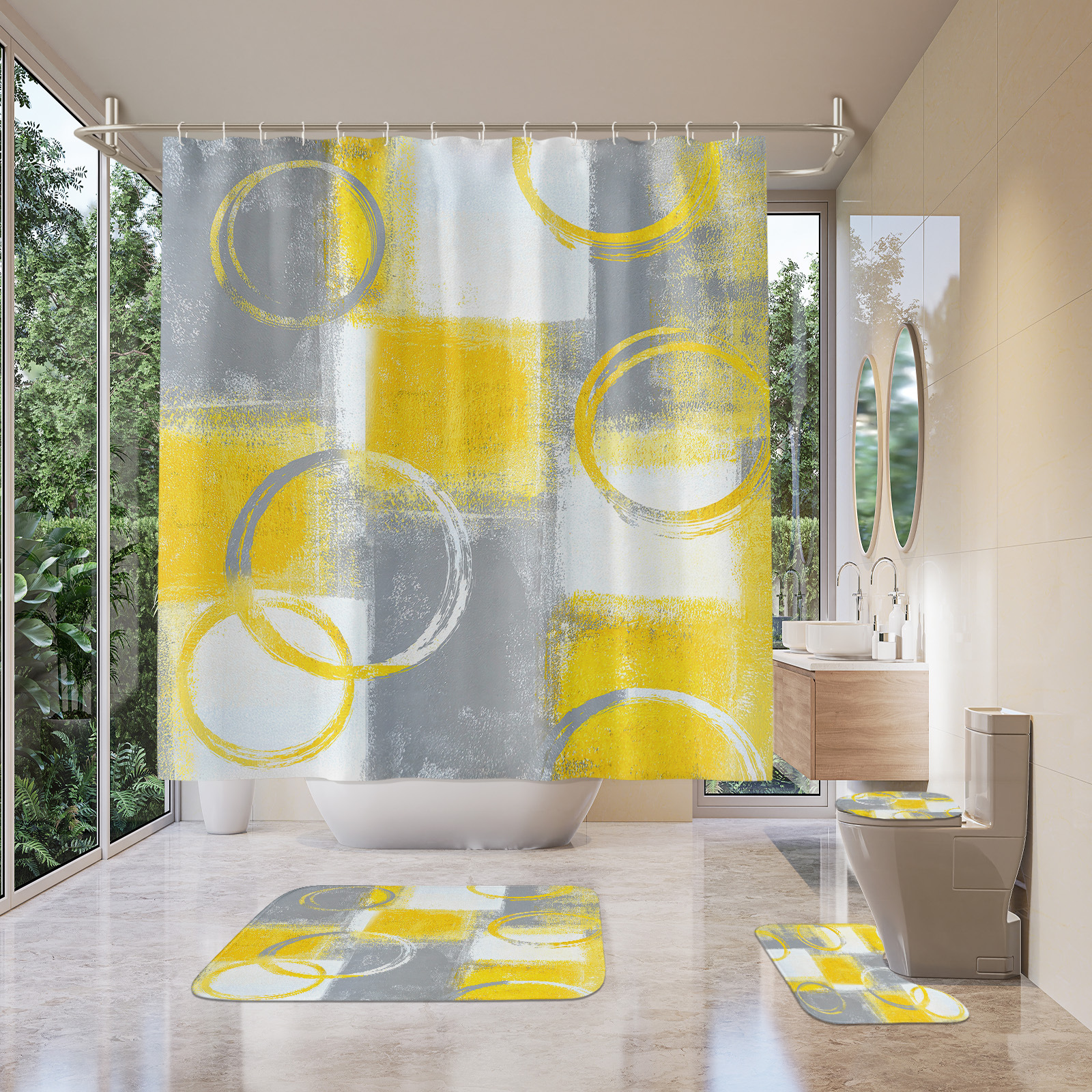 源头厂家 3D高清数码印花跨境热卖  涤纶防水浴帘 浴室地垫四件套详情7