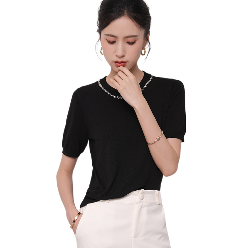 Summer ice silk knitted short-sleeved women's T-shirt, solid color beaded round-neck knitted sweater, loose off-the-shoulder top wholesale Item Picture