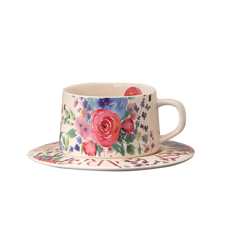 Retro rose coffee cup and saucer set, afternoon tea tea cups, household high-appearancelevel latte art designer, Internet celebrity mugs Item Picture