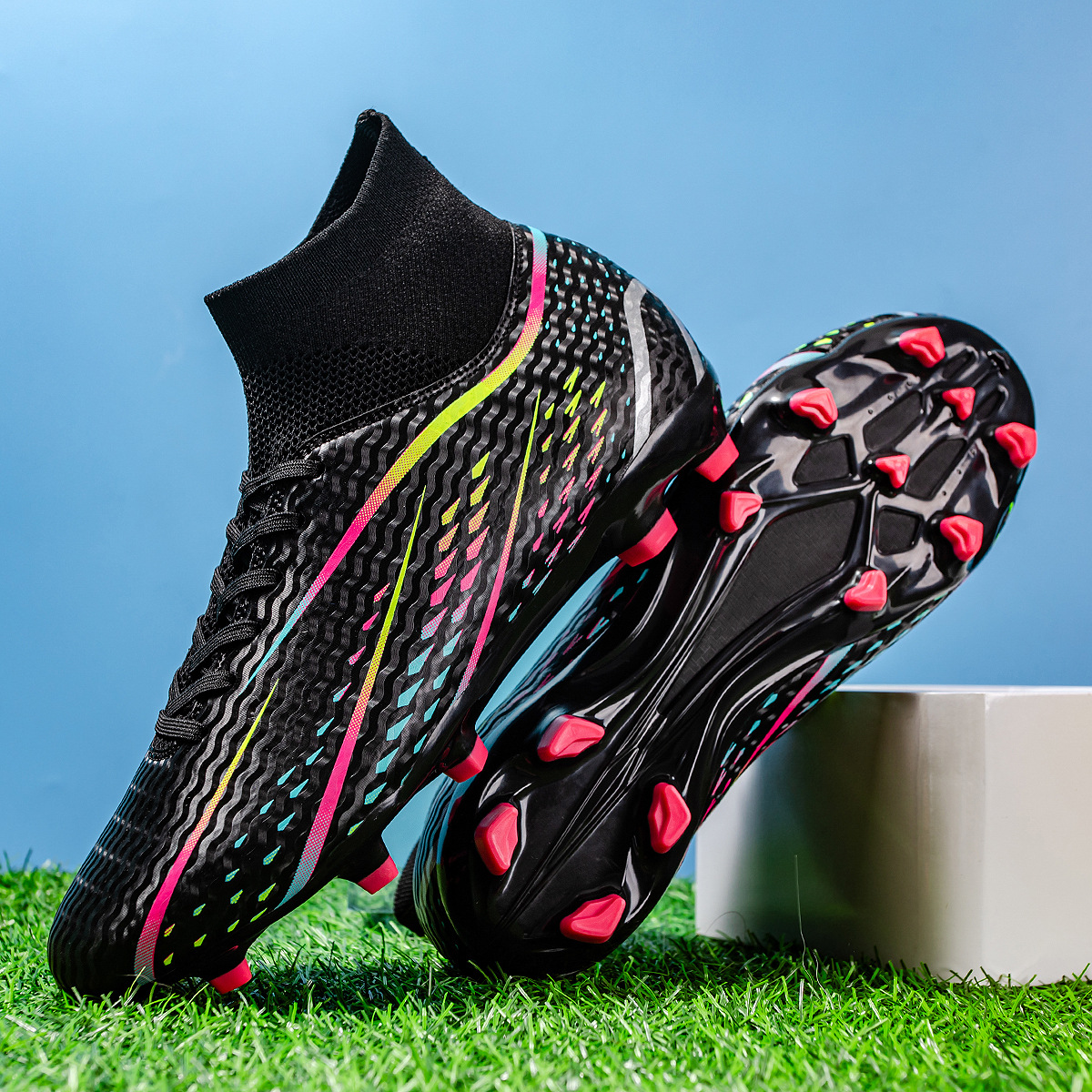 跨境热销高帮足球鞋男女成人学生长钉碎钉草地比赛训练鞋厂家批发详情9