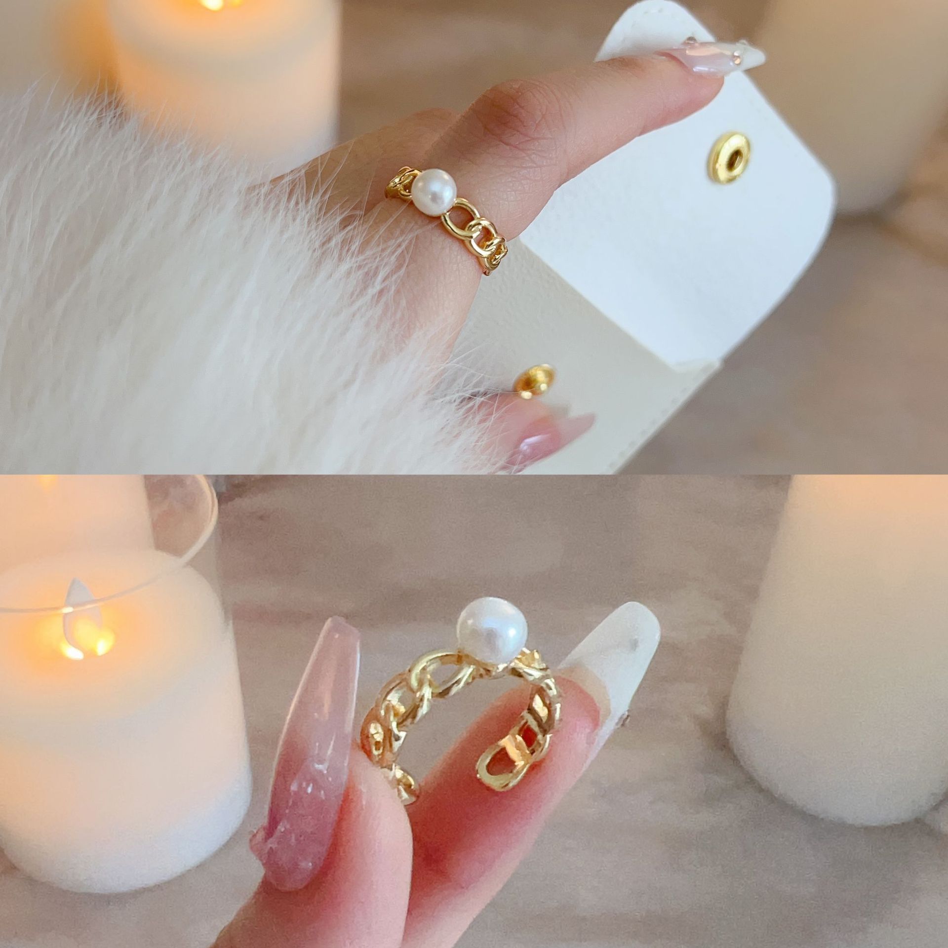 Copper-plated real gold 7mm freshwater pearl ring, hollowed-out European and American style open ring accessory, color retention, DIY handcrafted