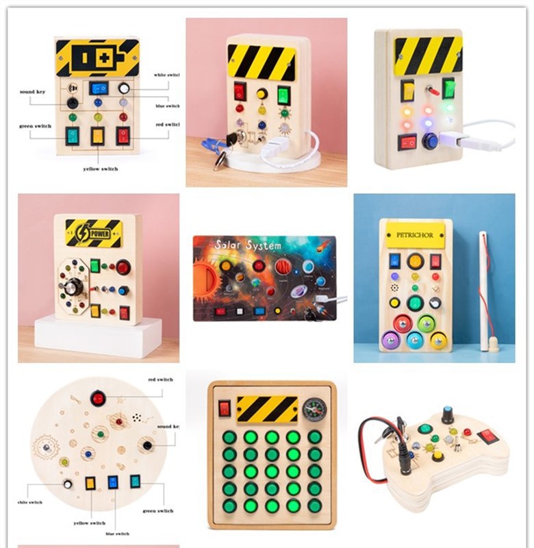 Cross-border new children's educational switch LED lights busy board Montessori early education wooden toy analog circuit board