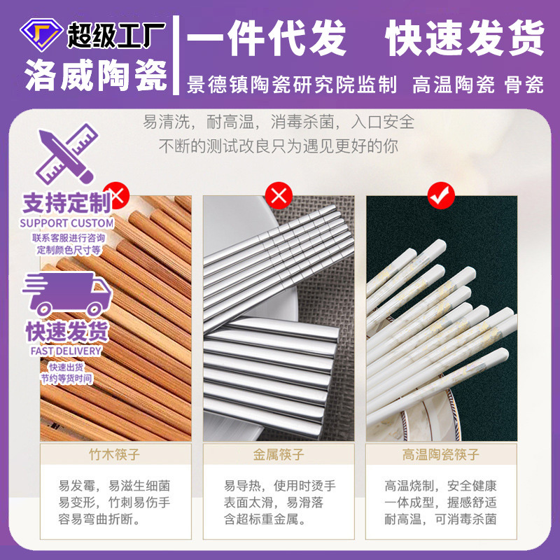 Luowei Jingdezhen ceramic chopsticks are easy to clean, anti-slip, and come in 10-pair sets for household use. They are mold-resistant, shock-resistant, and heat-resistant bone China serving chopsticks details Picture