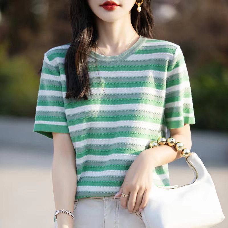 Summer women's tops, full-color knitted cotton and linen short-sleeved women's T-shirts, women's round-neck vests, striped contrasting colors, wholesale and consignment for foreign trade