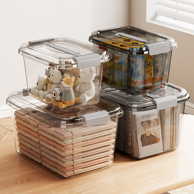 新款PET透明收纳箱带盖装衣服防潮密封储物箱子零食盒玩具整理筐