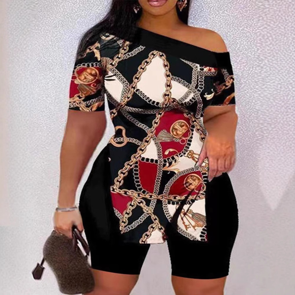 T9025 2023 New Amazon AliExpress Fashion and Casual Slant-Neck Off-the-Shoulder Printed Set for Cross-border Trade with Europe and America Specification drawing