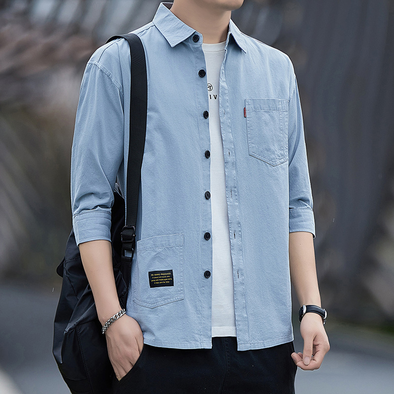 2025 Summer trendy and versatile three-quarter sleeve shirt, men's workwear shirt, loose short-sleeved top coat