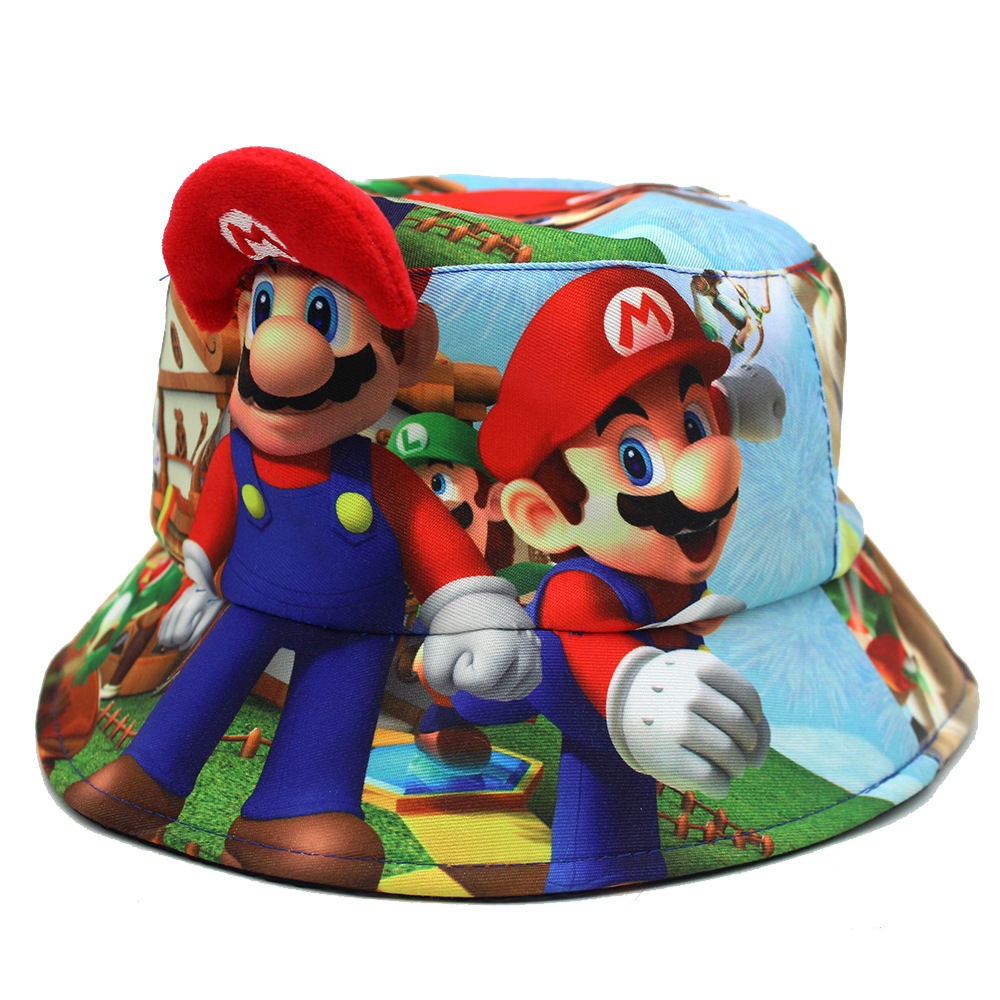 Foreign Trade New Children's Cartoon Fisherman Hat Cartoon Game Mario Peripheral Printed Hat Super Mary Basin Hat details Picture