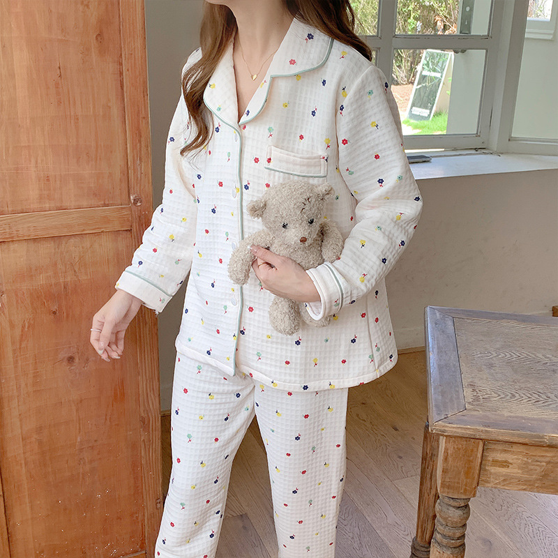 Cotton Pyjamas Autumn And Winter Pyjamas Women's Air Sandwich Cardigan Girl's Cute Cartoon Print Home Wear Set Item Picture
