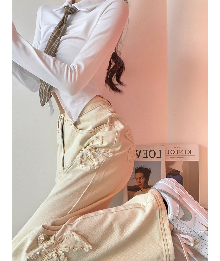Beige floral wide-leg jeans, women's trendy high-waisted straight-leg pants, spring and autumn spicy girl pants, European and American style jeans Specification image