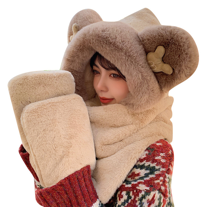 小熊帽子围巾手套三件套一体女冬季加厚保暖米奇耳朵仿兔毛绒围脖详情图5