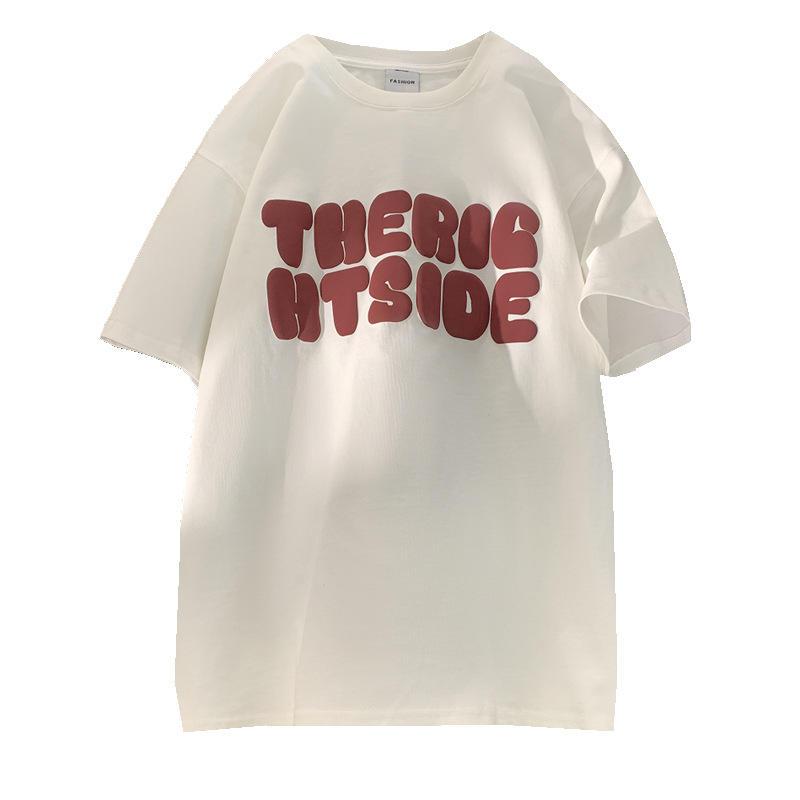 Hong Kong-style summer foamed letter short-sleeved T-shirt, loose and heavy 260-gram, American style versatile half-sleeved with trendy print for both men and women Item Picture