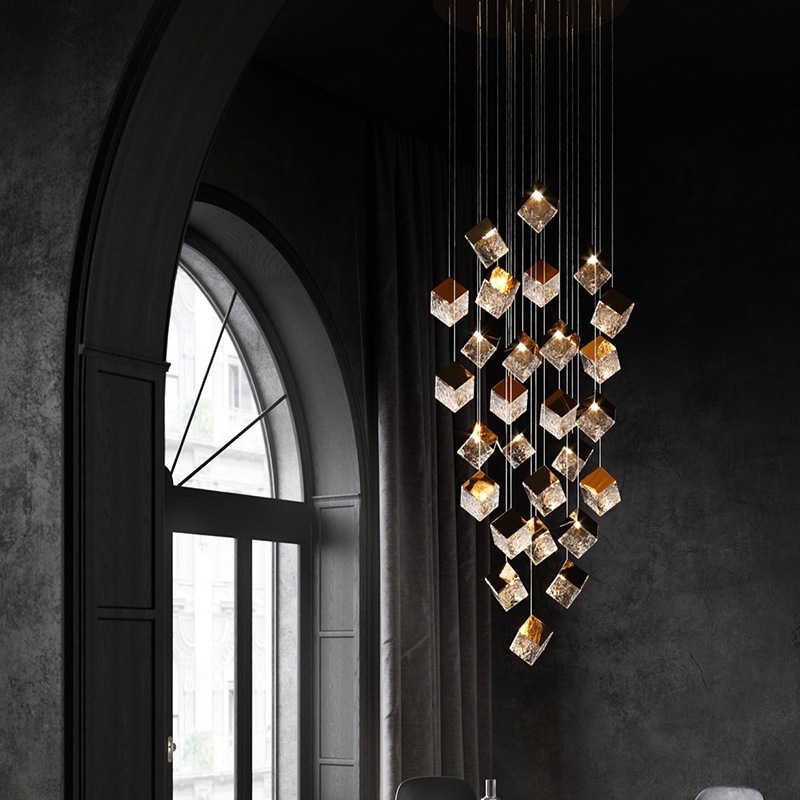 The restaurant features a unique loft duplex staircase with ice cubes, a designer's creative Nordic style, a sales office, a bedroom, and a small pendant lamp at the bedside Specification image
