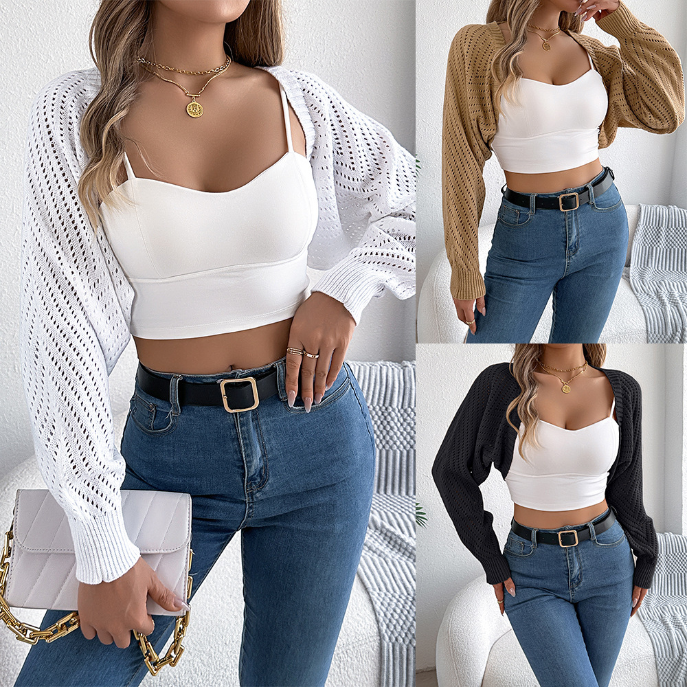 Real photos of solid-color, hollowed-out lantern sleeves, shawls, sweaters, jackets, independent cross-border women's clothing for autumn and winter in Europe and America