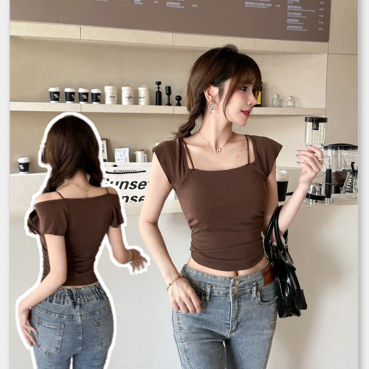 A hot girl with a high level of appearance looks petite. She wears a flying sleeved vest, a modal pure cotton crop top, and a bra with a chest pad on top Specification image