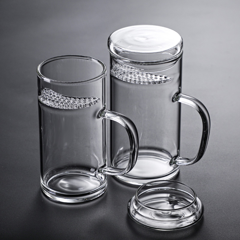厂家批发玻璃月牙杯家用绿茶杯自带过滤耐热玻璃杯带把泡茶杯